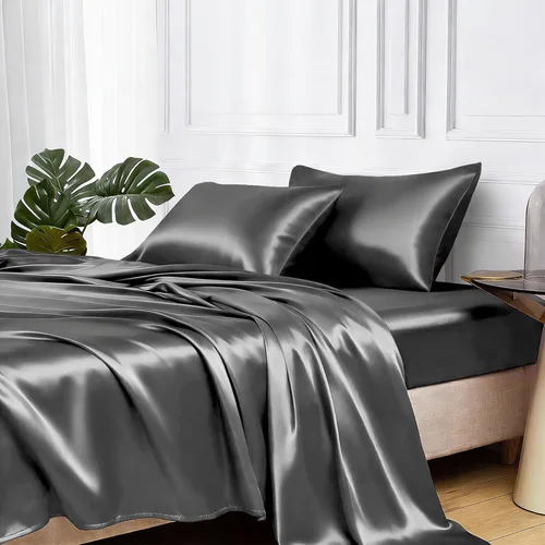 Miniatura 49 de MR&HM Sábanas de satén para cama de tamaño King, juego de 4 piezas de ropa de cama sedosa con bolsillo profundo de 15 pulgadas para colchón