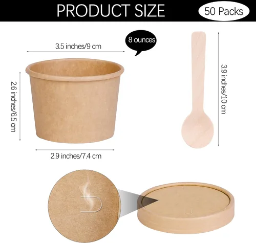 Miniatura 2 de Ruisita Paquete de 50 cuencos de papel con tapas y cucharas, recipientes de sopa de 8 onzas, vasos desechables para helado con tapas, tazas