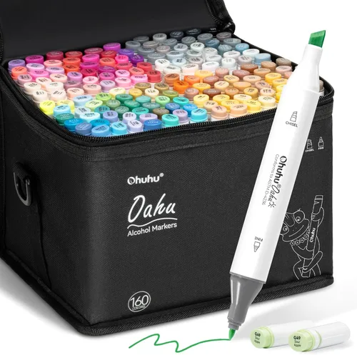 Ohuhu - Marcadores de alcohol de 160 colores con punta doble certificados AP, juego de marcadores de arte para artistas adultos, cómodos para