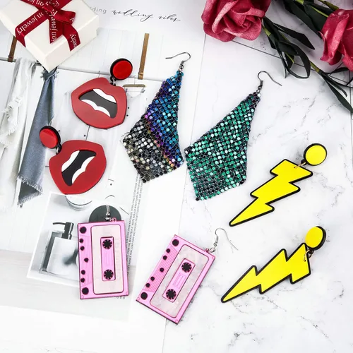 Miniatura 4 de Hicarer 4 pares de aretes de los años 80 para mujer, aretes de neón de los años 90, joyería retro para fiesta brillante, disfraz de los años 80