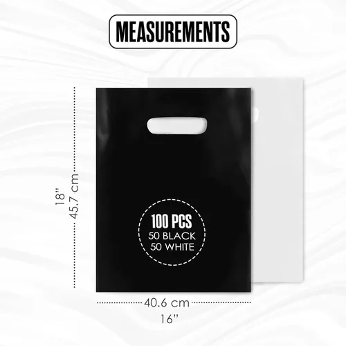 Miniatura 2 de Houseables Bolsas de compras de plástico para mercancías, bolsa al por menor, 16"x18", paquete de 100, 1.75 mil de grosor, blanco y negro, asas