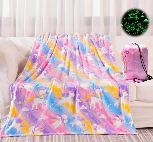 Manta de unicornio que brilla en la oscuridad para niñas, regalos de unicornios, juguetes para niñas, manta suave para edades de 2, 3, 4, 5, 6, 7,