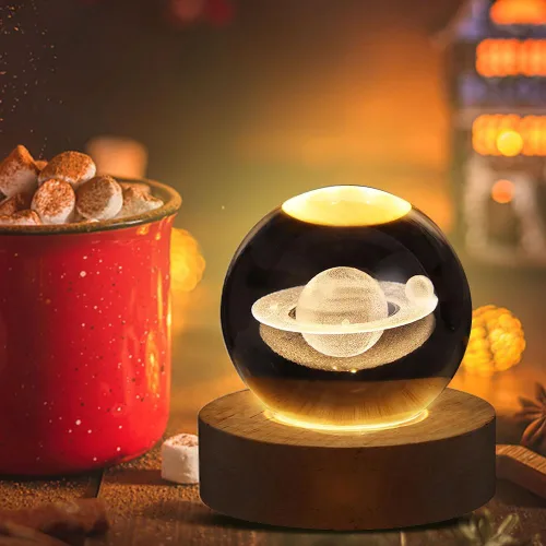 Miniatura 3 de Luz nocturna LED de bola de cristal, sistema de la Vía Láctea, lámpara de noche de cristal grabada en 3D con base de madera, carga USB