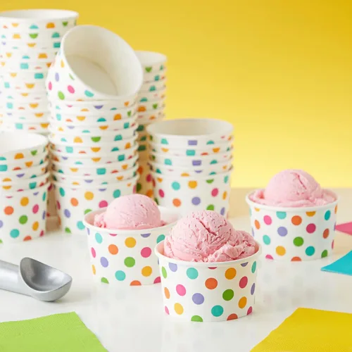 Miniatura 3 de BLUE PANDA Vasos de papel para helado, 50 unidades, diseño de lunares arcoíris, desechables para helados y aperitivos, cuencos de helado, tazas