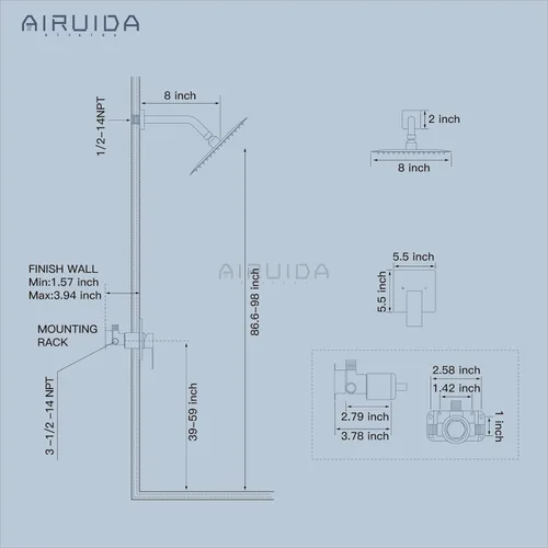 Miniatura 6 de Airuida Juego de Grifería de Ducha Sistema de Ducha de Lluvia para Baño SUS304 Acero Inoxidable Mango Único Con Roscas Macho Válvula de Instalación