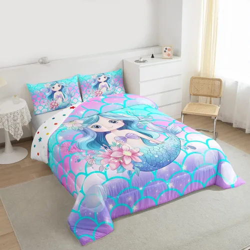 Miniatura 4 de Erosebridal Juego de edredón de sirena para niños, tamaño matrimonial, para niñas, ropa de cama de sirena brillante azul y rosa, juego de ropa