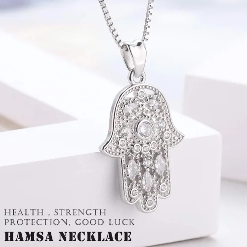 Miniatura 108 de Aniu Joyería de plata de ley 925 Hamsa de Fátima para mujer con circonita cúbica, viene con caja de regalo negra