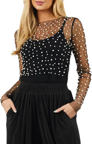 Miniatura 2 de Top sexy de malla transparente con perlas para mujer, top transparente de manga larga con diamantes de imitación