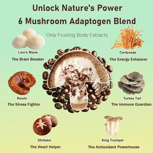 Miniatura 3 de Café de hongos, 10.58 onzas de café instantáneo de hongos adaptogénicos en polvo, melena de león, reishi, cola de pavo, cordyceps, trompeta King