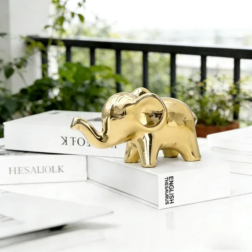 Miniatura 5 de OwMell Decoración de elefante de buena suerte para el hogar, pequeña estatua de elefante de cerámica para decoración del hogar, chapada en oro