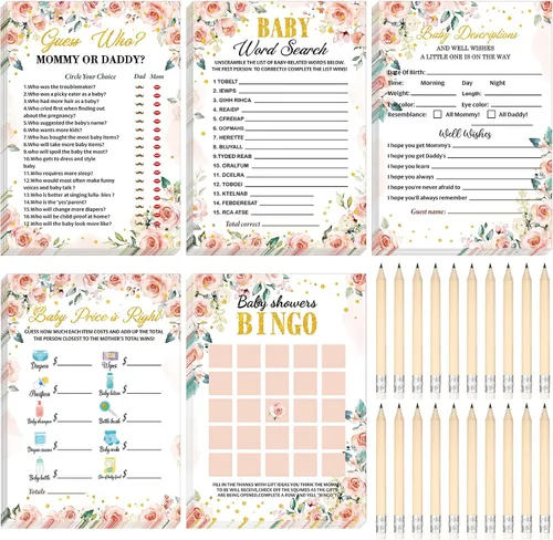 Miniatura 33 de Yinder 145 tarjetas de actividades para juegos de baby shower con 20 lápices, incluye descripción de bingo para bebés y deseos, adivina quién es