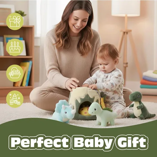 Miniatura 5 de Juguetes para bebés 6-12 meses – Mi pequeño volcán con 5 dinosaurios de peluche, juguete Montessori con sonajero, crujiente, silbato, juguetes