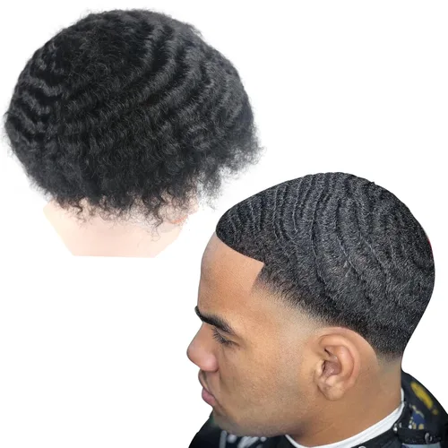 Miniatura 19 de Pelucas Afro Rizadas Toupé para Hombres Pelucas para Hombre Afroamericano Negro Unidad de Cabello Masculino Negro Rizado Afro Tejido Masculino