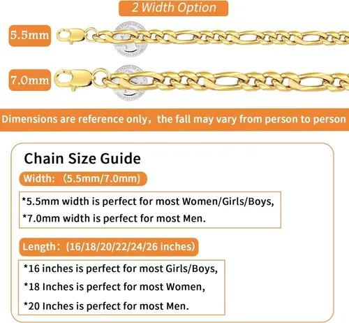 Miniatura 4 de Jewlpire Silver Chain Gold Chain for Men Boys, 14k Gold Plated Men's Necklaces Figaro Chain 5.5mm7mm Mens Chain 161820222426 inch