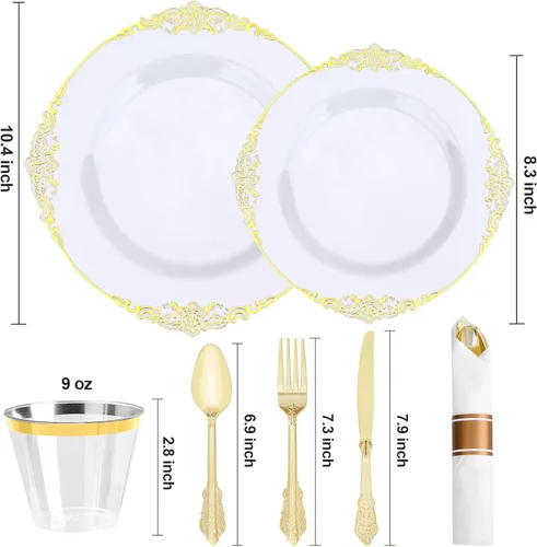 Miniatura 2 de Realluck 350 piezas platos de plástico blanco y dorado, juego de vajilla de plástico para 50 invitados, 100 platos desechables, 150 cubiertos, 50