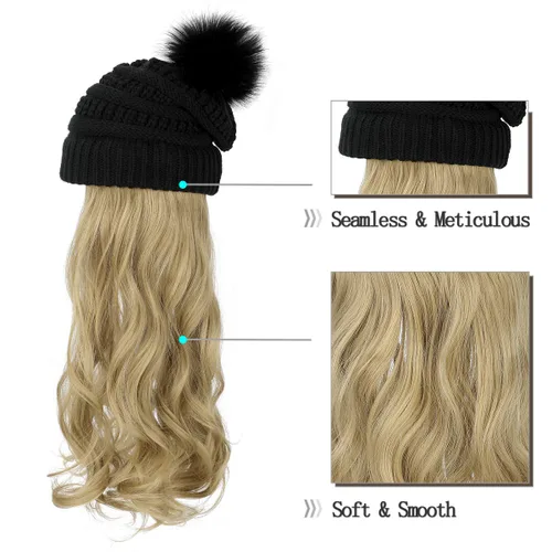 Miniatura 3 de Qlenkay Gorro Beanie con Extensiones de Cabello Largo Ondulado y Rizado Gorra de Punto Adjunta Peluca Sintética de 20 Pulgadas Pieza de Cabello