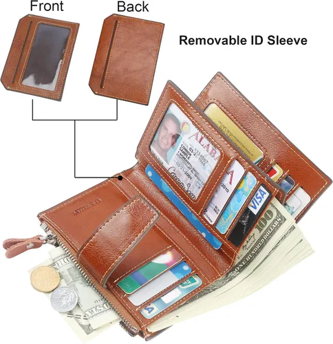 Miniatura 2 de Lavemi Cartera pequeña y compacta para mujer con bloqueo RFID monedero plegable de cuero genuino con ventanas de identificación