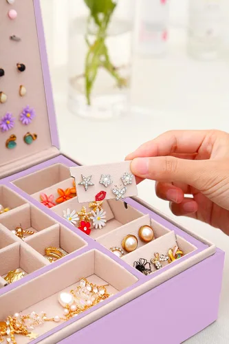 Miniatura 5 de QBestry Organizador de aretes de tuerca para niñas, caja de joyería morada para aretes, collar, organizador de joyas, caja de aretes para mujer