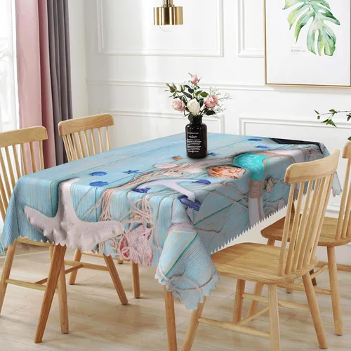 Miniatura 23 de Mantel oblongo, diseño de playa de 52 x 70 pulgadas, diseño de playa con estrellas de mar y olas de mar, con decoración impermeable y resistente a