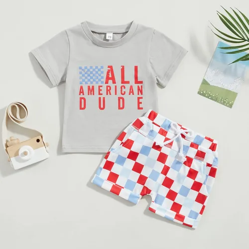 Miniatura 2 de Conjunto de camisetas con estampado de letras y colores contrastantes para el Día de la Independencia