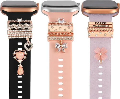 Miniatura 10 de 15 dijes de reloj con 12 trabillas decorativas para anillos, 3 tachuelas, accesorios de correa deslizante de diamante de metal compatibles con Apple