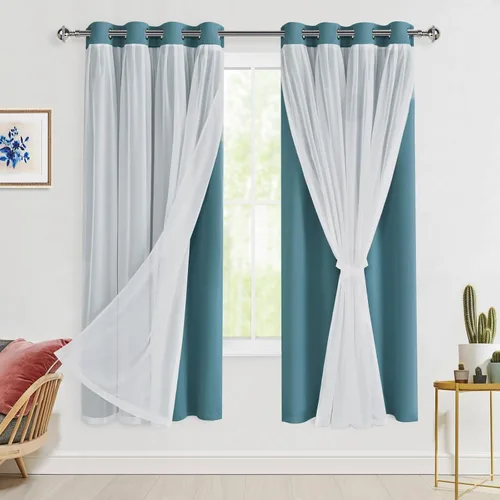 Miniatura 100 de Hiasan Cortinas opacas con superposición transparente, aislamiento térmico para mezclar y combinar de doble capa, cortinas de oscurecimiento de Beige