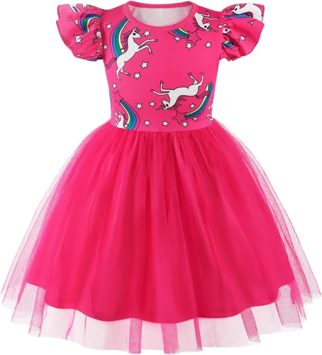 Miniatura 24 de WonderBabe Vestido de tul para niñas pequeñas, traje de unicornio, manga con volantes, ropa de cumpleaños, vacaciones, falda tutú casual de sirena