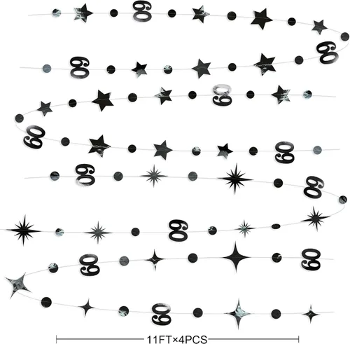 Miniatura 2 de Decoración de cumpleaños número 60 negro, círculo de punto estrella, guirnalda colgante, banderines, telón de fondo para hombres, vítores a los 60