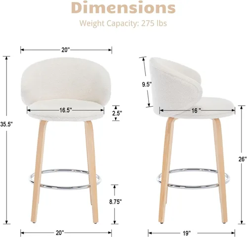 Miniatura 2 de HEAH-YO Juego de 2 taburetes de bar modernos de 26 pulgadas de altura de mostrador con respaldo de barril y patas de madera, taburete de cocina