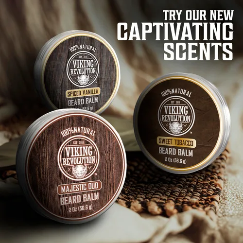 Miniatura 8 de Viking Revolution Bálsamo para barba de vainilla especiado – Mantequilla de barba con aceite de argán, suavizante de barba para hombres con aceite