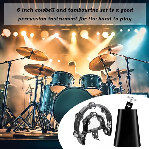 Miniatura 7 de MOONBACK Tambourine and 6 Inch Cowbell Kit, Drum Set Tambourine with Mounting Eye Bolt, Black