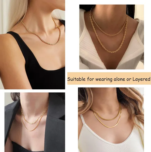 Miniatura 3 de FAXHION Juego de collar de cadena en capas de oro para mujer, 7 collares de gargantilla de serpiente chapados en oro de 14 quilates, collar