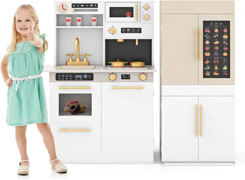 Miniatura 2 de INFANS Cocina de Juguete para Niños, Conjunto de Juego de Refrigerador Nevera de 2 Piezas Combinación con Tabla de Pared del Alfabeto Interactivo