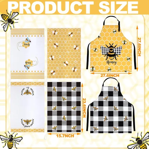 Miniatura 3 de Bencailor 6 Pcs Bee Sunflower Kitchen Set Include 4 Dish Towels and 2 Kitchen Aprons for Spring Summer Women Housewarming