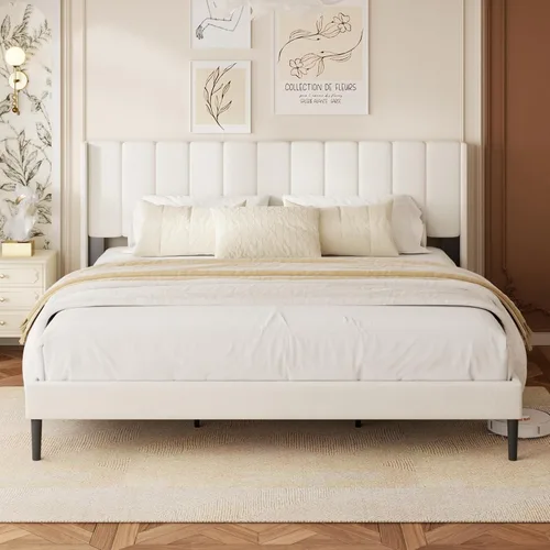 Miniatura 13 de Base de cama tamaño Queen con cabecero vertical Chanel acolchado y respaldo de alas, cama de plataforma tapizada, listones de madera fuertes, fácil