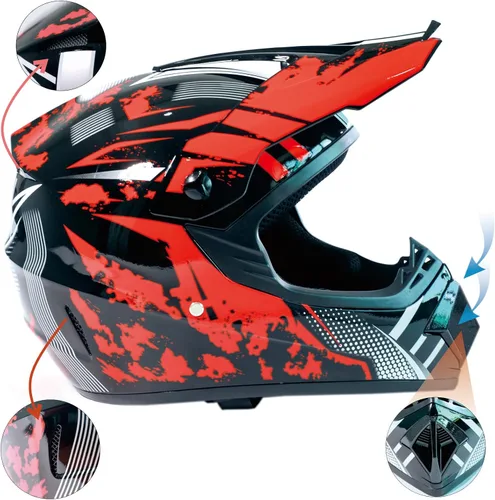 Miniatura 4 de Casco de motocross DOT Dirtbike ATV Motocicleta Bicicleta de Montaña Casco de cara completa con gafas y guantes, máscara rojo brillante Tormenta S