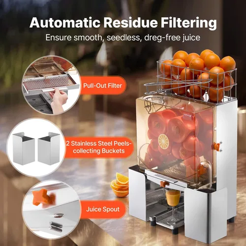 Miniatura 4 de VEVOR Exprimidor de naranja comercial, extractor de jugo automático de 120W, exprimidor de naranja de acero inoxidable para 20 naranjas por minuto