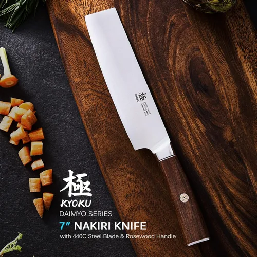 Miniatura 2 de KYOKU Cuchillo Nakiri de 7 Pulgadas - Serie Daimyo - Cuchillo de Verduras con Mango Ergonómico de Palisandro, y Pin de Mosaico - Cuchillo de Cocina