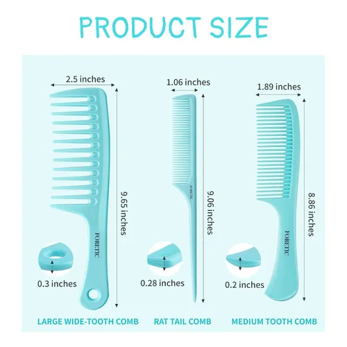 Miniatura 5 de Juego de peines para el cabello para mujeres y hombres, peine de dientes de 3 piezas de ancho, peine de cola de rata de diente fino, peine
