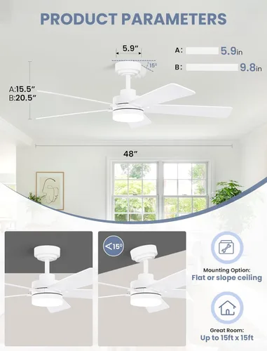 Miniatura 2 de Ventilador de techo de 48 pulgadas con luces y control remoto, montaje de varilla descendente, compatible con techo inclinado hasta 15°, motor CC