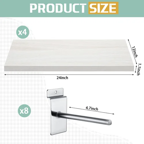 Miniatura 3 de Landical Juego de 4 estantes flotantes de madera para pared, estantes de pared de listones blancos con ganchos de metal, accesorios para sala