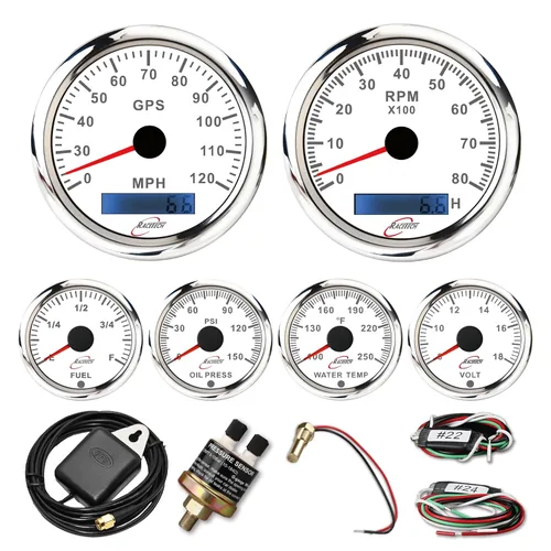 RACETECH Juego de 6 Instrumentos – Velocímetro GPS de 85mm 200 Km/h & Tacómetro 8000 RPM – Medidores de 52mm de Combustible, Aceite, Temperatura del