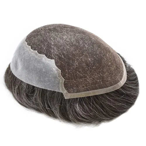 Miniatura 35 de Toupee para hombres, sistema de reemplazo de cabello humano Remy, nudos blanqueados, encaje frontal, piel fina, para hombre, color gris, pelucas