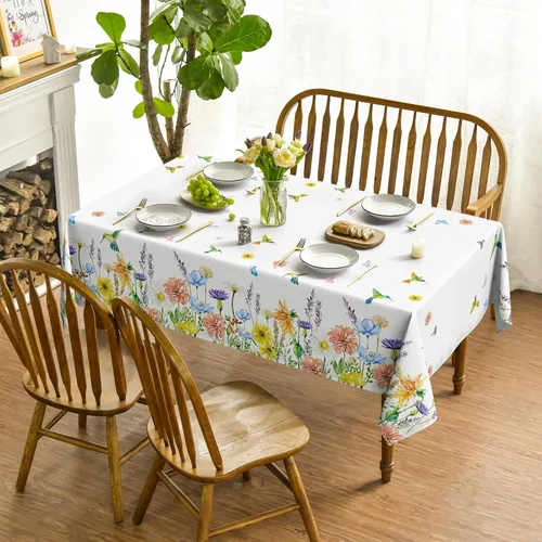 Miniatura 2 de Horaldaily Mantel de primavera y verano de 52 x 70 pulgadas, diseño de flores, mariposas y pájaros, lavable, para decoración de fiestas, pícnic