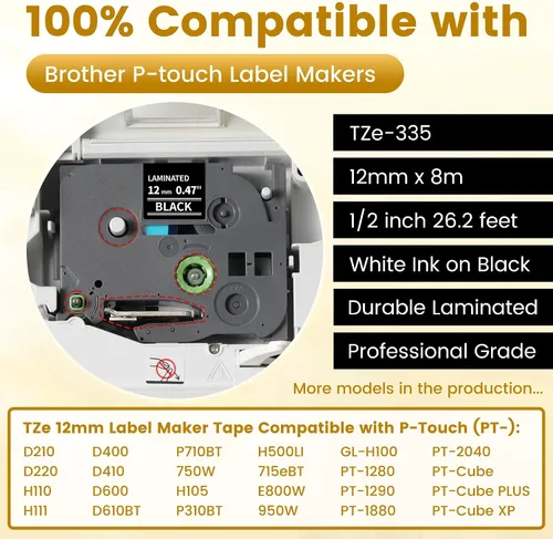 Miniatura 2 de Freshworld Paquete de 6 cintas de repuesto para rotuladora Brother TZe-335 de 0.472 in 0.47 de tinta blanca sobre cinta negra laminada compatible