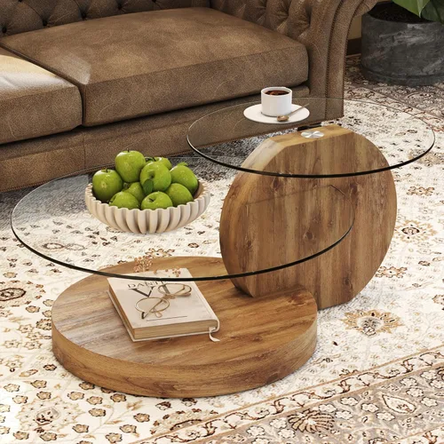 Mesa de centro de vidrio de 35.4 pulgadas, mesa de centro redonda pequeña, mesa de vidrio templado de 2 niveles con base de madera, mesa central