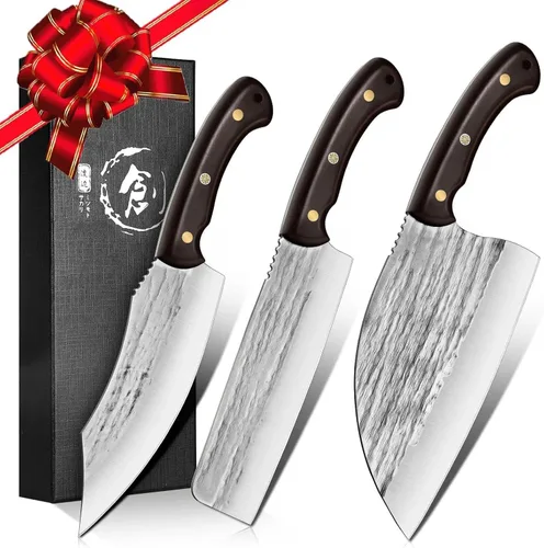 TIJERAS Juego de cuchillos de carnicero, juego de 3 cuchillos de chef forjados a mano, cuchillo de chef serbio y cuchillo de carnicero y cuchillo