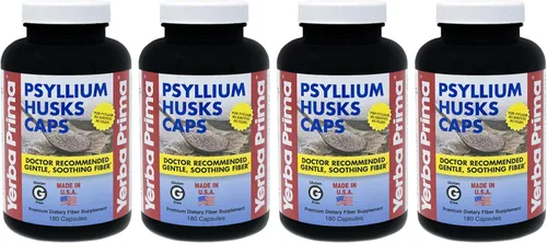 Yerba Prima Cápsulas de cáscara de psyllium – 180 cápsulas (paquete de 4) – Suplemento de fibra natural – Sin gluten sin OMG