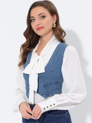 Miniatura 3 de Allegra K Chaleco de mezclilla para mujer con botones y sin mangas