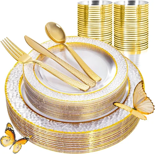 Miniatura 16 de Ciaell 350 piezas de platos de plástico transparentes con ribete dorado para 50 invitados, incluye 100 platos de plástico, 50 servilletas Claro